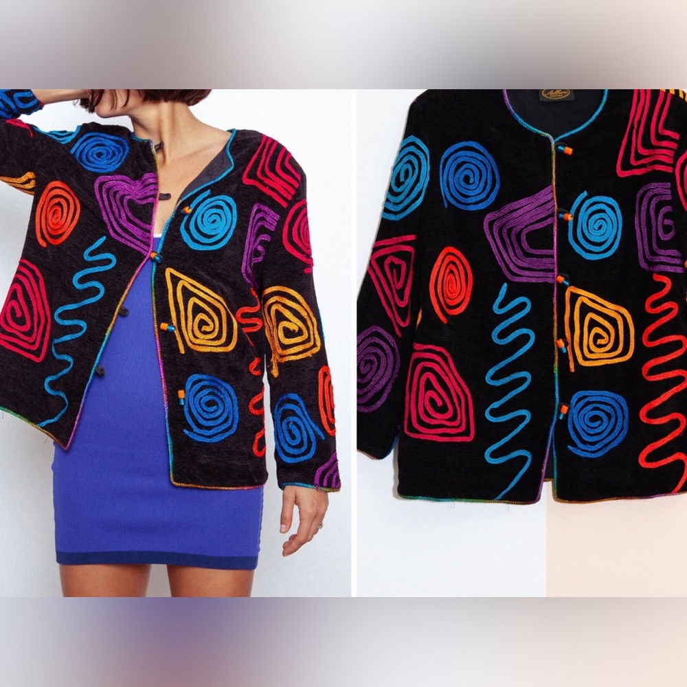 Allure brand Black w/pink,orange,blue, and purple design cardigan / Size‎ S/D-85